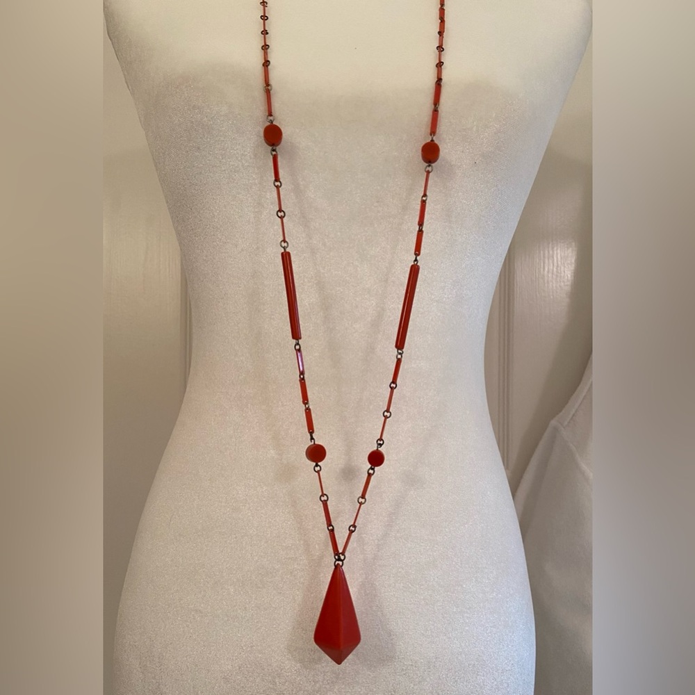Vintage 20s Art Deco Coral Celluloid Flapper Necklace Catalin Bakelite Beaded - Picture 3 of 8